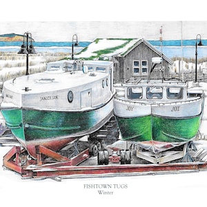 Fishtown Tugs (Winter). Art Print, Leelanau, Leland, Winter, Joy, Janice Sue, M22, Michigan, Up North, Cottage, Lake House, Vacation, gift
