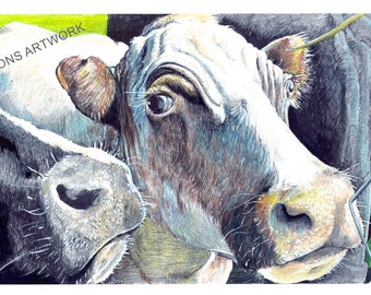 Art Print, Farm, cow, animals, barn, cattle, shorthorn, house