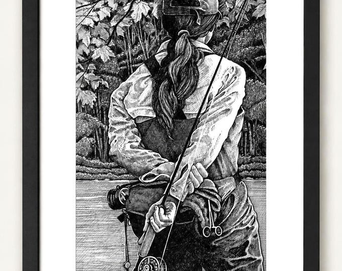 Fly Girl – Female Fly Fishing Art Print | Pen & Ink Fishing Illustration | Women Fly Fishing Artwork | 11x17 Signed Print