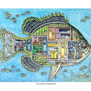 Sunfish Solar Submarine. Art Print, cutaway, Sunfish, Submarine, fish, cross section, whimsical, illustration, Lake, Family, Drawing