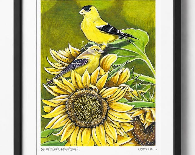 Goldfinches and Sunflowers Print