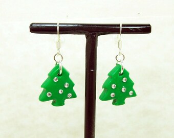 Christmas Tree Dangle Earrings with Handmade Polymer Clay Beads, Simple Light Weight Ladies Christmas Earrings, Woman's Gift, Green Tree