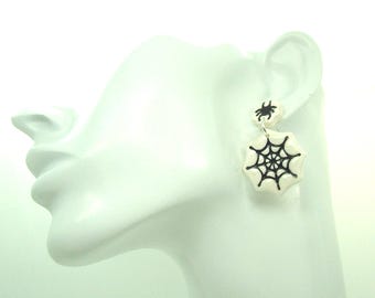 Spider Web and Spider Post Dangle Halloween Earrings Handmade from Polymer Clay
