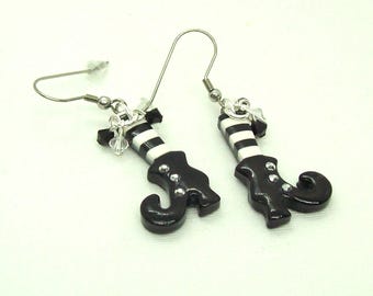 Polymer Clay Halloween Witch Boot Earrings: Striped Stockings, Crystal Accents