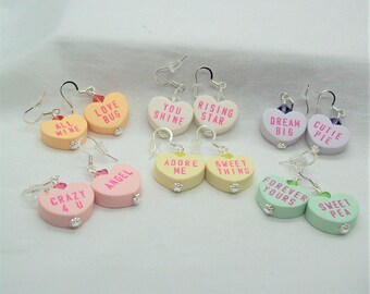 LARGER Conversation Heart Valentine Dangle Earrings - You Pick Color and Sayings - Valentine Jewelry