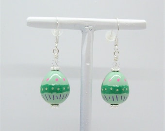 Dangle Blue Green Easter Egg Earrings Hand Painted on Handmade Polymer Clay Beads