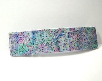 Handmade Barrette From Polymer - Stencil of Swirls and Flowers in Blue, Purple and Dark Pink