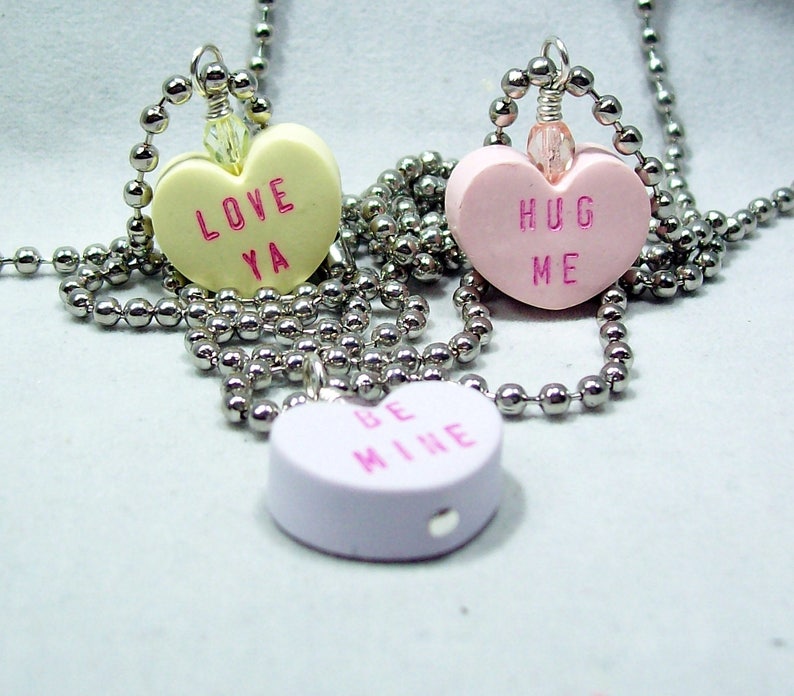 Conversation Heart Valentine Necklace on Ball Chain You Pick Color and Saying Valentine Jewelry image 2