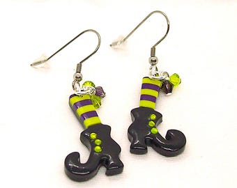 Polymer Clay Halloween Witch Boot Earrings: Striped Stockings, Crystal Accents