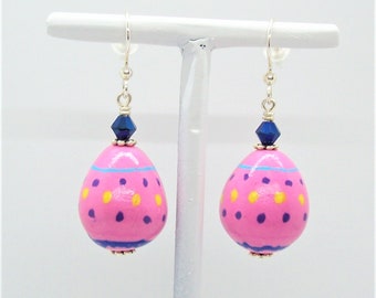 Dangle Pink Easter Egg Earrings Hand Painted on Handmade Polymer Clay Beads