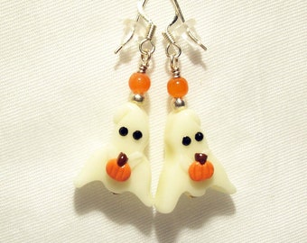 Halloween Ghost Earrings - Glow in the Dark - Handmade Polymer Clay Beads, Women's and Children's Cute Ghost with Pumpkin, Halloween Jewelry