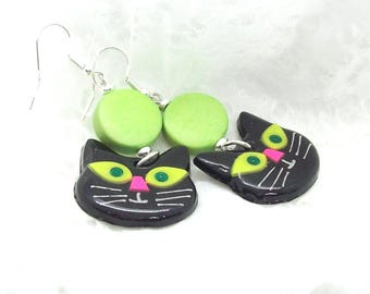 Handmade Black Cat Earrings: Green Eyes, Polymer Clay, Halloween Jewelry