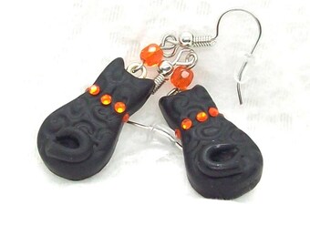 Halloween  Black Cat from the Back Earrings Handmade Bead Components from Polymer Clay