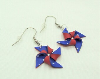 Polymer Clay Handcrafted Dangle Earrings - Patriotic Pinwheels
