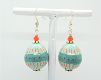 Dangle Aqua Easter Egg Earrings Hand Painted on Handmade Polymer Clay Beads