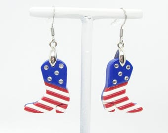 Handcrafted Polymer Clay Charms Beads Patriotic Cowboy Boots Dangle Earrings Rodeo Jewelry Memorial Day 4th of July Unique Earrings