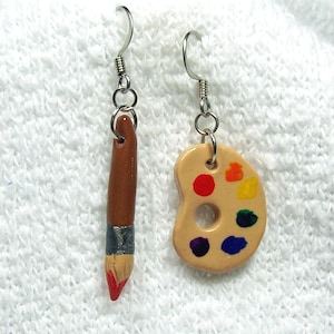 Artist Palette and Brush Dangle Earrings - Handmade from Polymer Clay