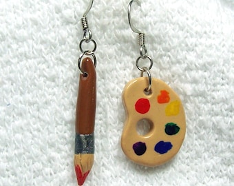 Artist Palette and Brush Dangle Earrings - Handmade from Polymer Clay