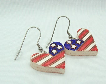 Polymer Clay Handcrafted Dangle Earrings - Rustic Antiqued Patriotic Heart Flag