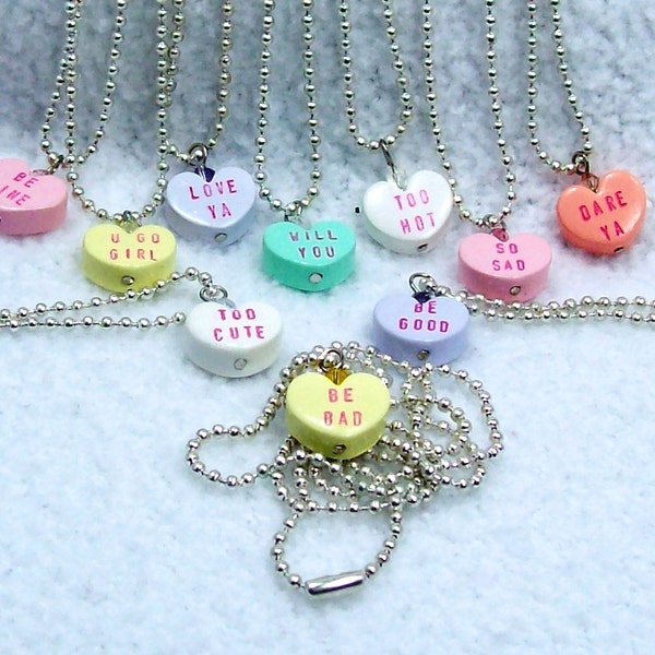Conversation Heart Valentine Necklace on Ball Chain - You Pick Color and Saying - Valentine Jewelry