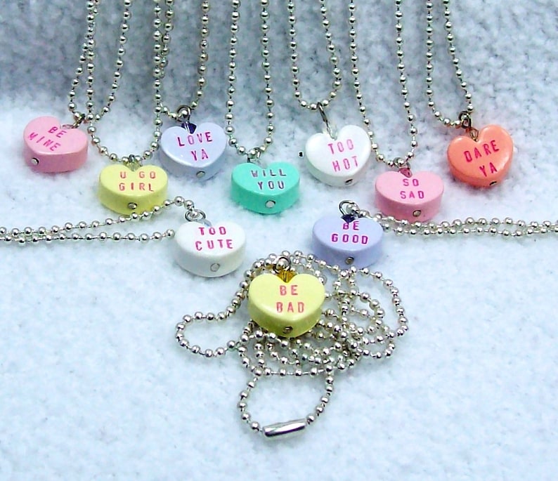 Conversation Heart Valentine Necklace on Ball Chain You Pick Color and Saying Valentine Jewelry image 1