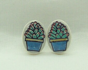 Succulent Studs Hand Painted with Metallic Paint on Polymer Clay