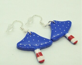 Polymer Clay Handcrafted Dangle Earrings - Patriotic Magic Mushrooms