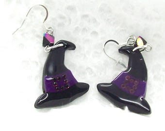 Black Witch's Hat Halloween Earrings Handmade Bead Components from Polymer Clay