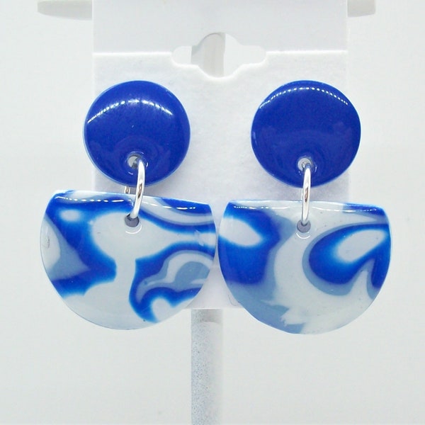 Polymer Clay Handcrafted Posts with Dangles Earrings - Royal Blue and White Mokume Gane