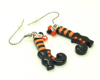 Polymer Clay Halloween Witch Boot Earrings: Striped Stockings, Crystal Accents