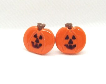 Handmade Halloween Pumpkin Stud Earrings, Stainless Steel Posts