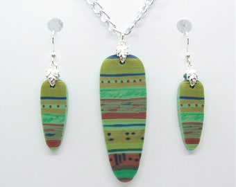 Polymer Clay Pendant and Earring Set Green Stripes