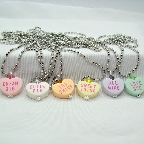 Larger Conversation Heart Valentine Necklace on Ball Chain - You Pick Color and Saying - Valentine Jewelry