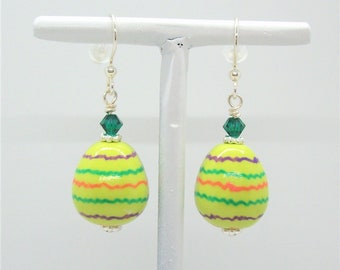 Dangle Yellow Green Easter Egg Earrings Hand Painted on Handmade Polymer Clay Beads