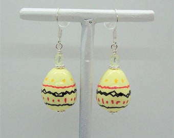 Dangle Pale Yellow Easter Egg Earrings Hand Painted on Handmade Polymer Clay Beads