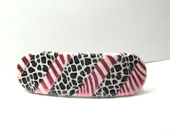 Handmade Barrette From Polymer  - Hot Pink Foil and Leopard Print