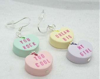 Double Stack Conversation Heart Valentine Dangle Earrings - You Pick Color and Sayings - Valentine Jewelry