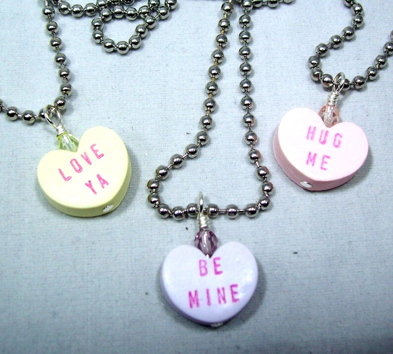 Conversation Heart Valentine Necklace on Ball Chain You Pick Color and Saying Valentine Jewelry image 3