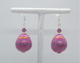 Easter Egg Mauve Dangle Earrings Hand Painted on Handmade Polymer Clay Beads