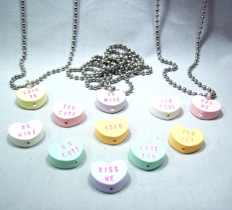 Conversation Heart Valentine Necklace on Ball Chain You Pick Color and Saying Valentine Jewelry image 5