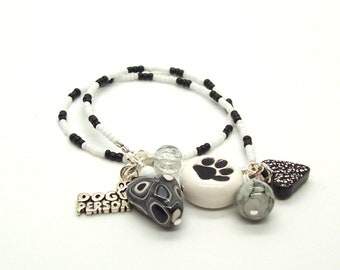 Dog Lover Paw Print Book Thong Bookmark with Handmade Polymer Clay Charm and Beads Gift for Book Lover Reader Dog Lover Person