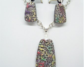 Polymer Clay Pendant and Post Earring Heavily Textured and Multi Colored