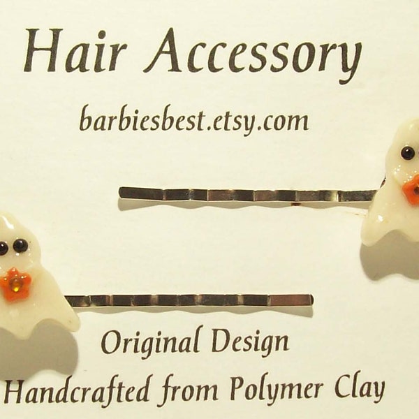 Glow in the Dark Ghost Holding an Orange Flower Handmade from Polymer Clay on Silver Tone Bobby Pins, Girls Halloween Hair Decoration Clips