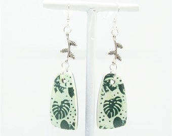 Handcrafted Polymer Clay Dangle Earrings - Monstera Leaves with Silver Leaf Connectors