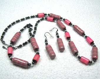 Necklace, Bracelet, Earrings - Jewelry Set - Handmade Polymer Clay Beads -  Muted Pink and Heather Gray Striped Tube Beads