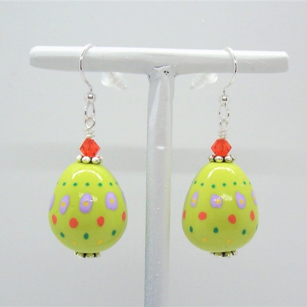 Easter Egg Chartreuse Dangle Earrings Hand Painted on Handmade Polymer Clay Beads