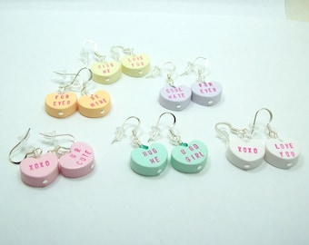Conversation Heart Valentine Dangle Earrings - You Pick Color and Sayings - Valentine Jewelry