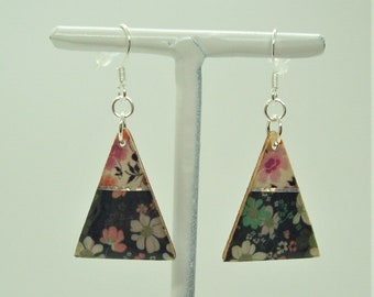 Light Weight Handmade Wood, Paper and Resin Earrings, Tiny Flowers Triangle Woman's Dangle Earrings, Unique Gift for Ladies,