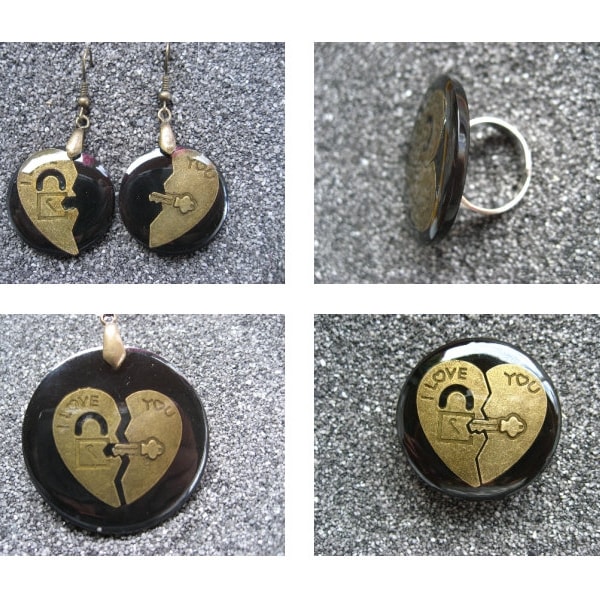 PROMOTION Bijoux Steampunk unisexes estampe coeur bronze I love you sur fond noir en résine créations uniques