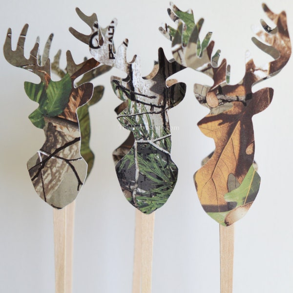 Cupcake Toppers - Camouflage Deer Buck Heads - Dessert Toppers - Buck Doe Party Picks - Sandwich Picks - Birthday Party - Country Weddings